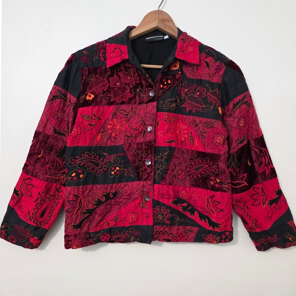 Vtg 90s Chicos Design Velvet Embroidered‎ Patchwork Top Sz L Whimsigoth Artsy